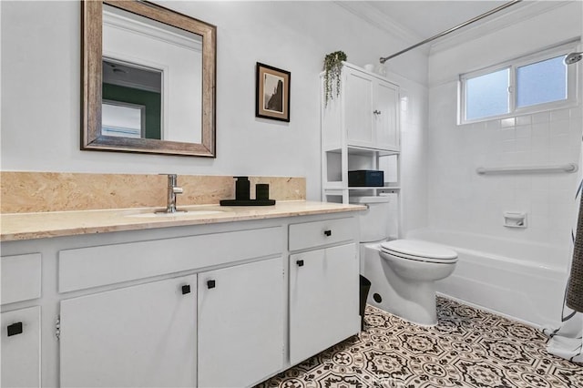 full bathroom with tiled shower / bath combo, tile patterned flooring, vanity, toilet, and ornamental molding