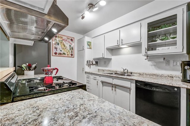 kitchen with black appliances, sink, island exhaust hood, and white cabinetry