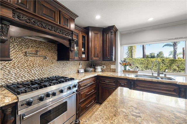 kitchen with backsplash, sink, high end stainless steel range oven, custom range hood, and dark brown cabinets