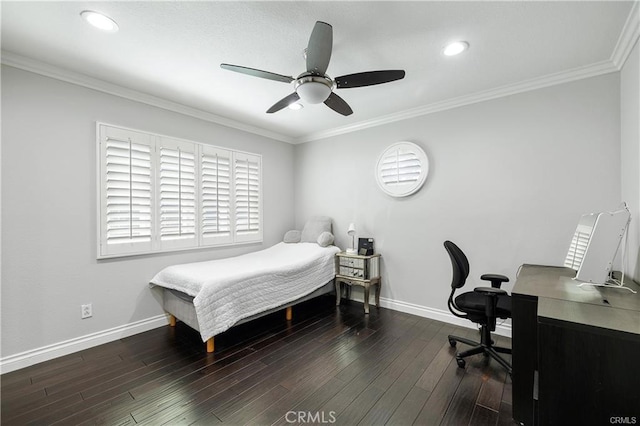 bedroom with ceiling fan, dark wood-type flooring, and crown molding