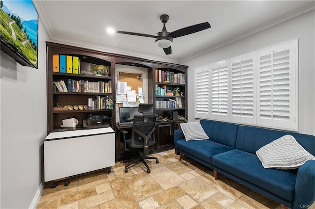 office space with ceiling fan and ornamental molding