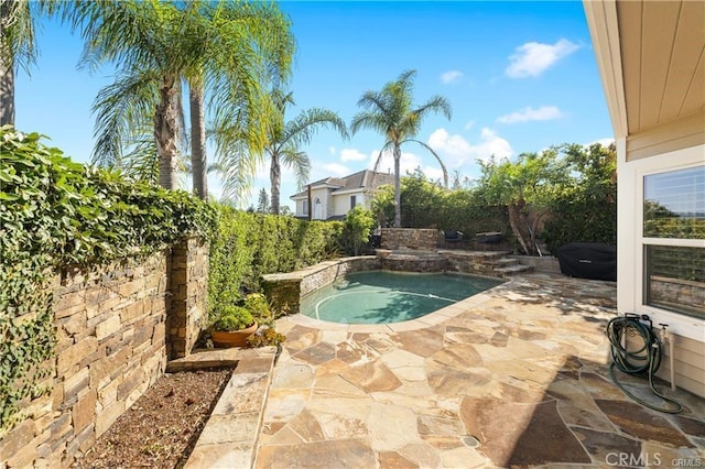 view of pool featuring a jacuzzi and a patio