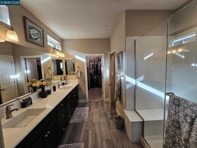 bathroom featuring walk in shower and vanity