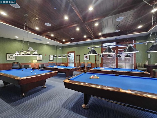 recreation room featuring wood ceiling, pool table, beamed ceiling, and carpet flooring