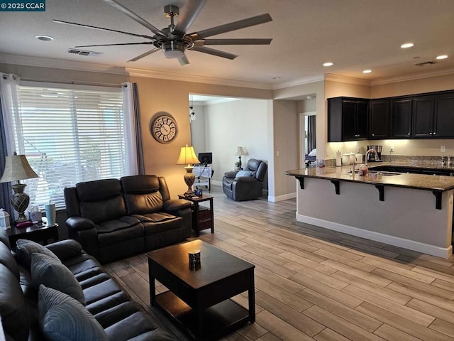 living room with light wood-type flooring, ceiling fan, crown molding, and sink