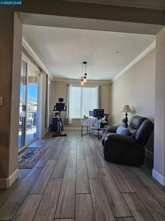 living room featuring crown molding