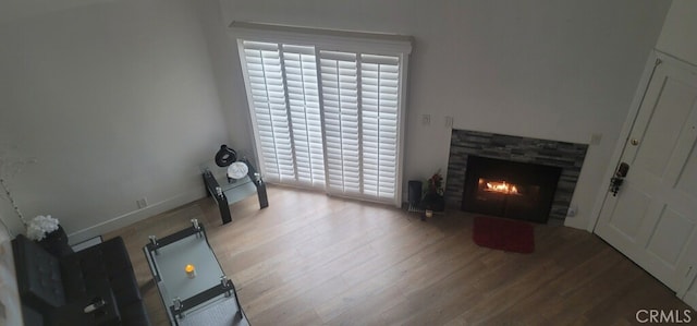 living room featuring light wood-type flooring and a fireplace