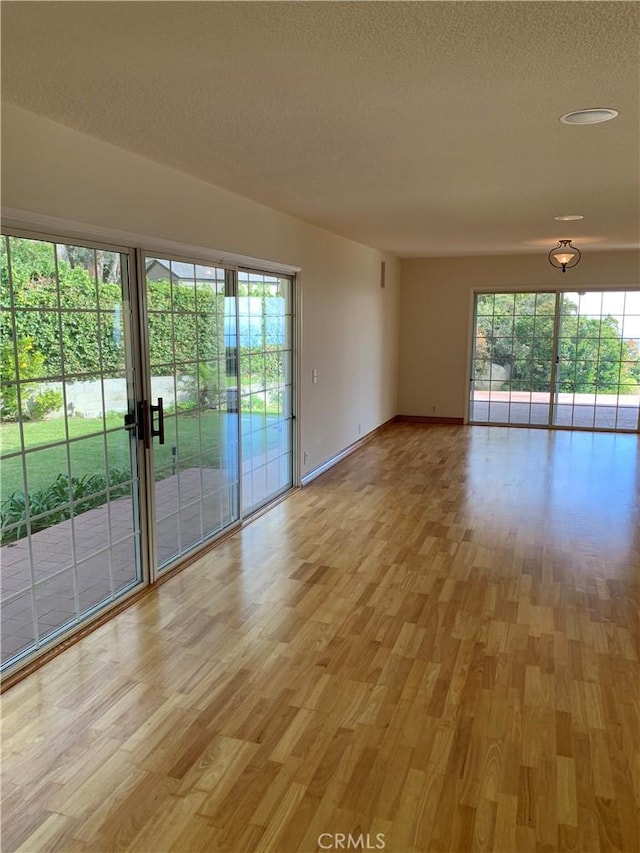 spare room featuring a wealth of natural light, light hardwood / wood-style flooring, and a textured ceiling