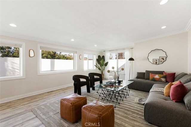 living room featuring wood-type flooring, ornamental molding, and a healthy amount of sunlight