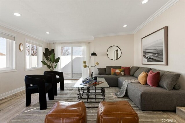 living room with light wood-type flooring and crown molding