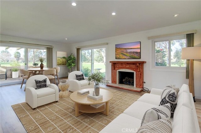 living room with hardwood / wood-style flooring, a wealth of natural light, and crown molding