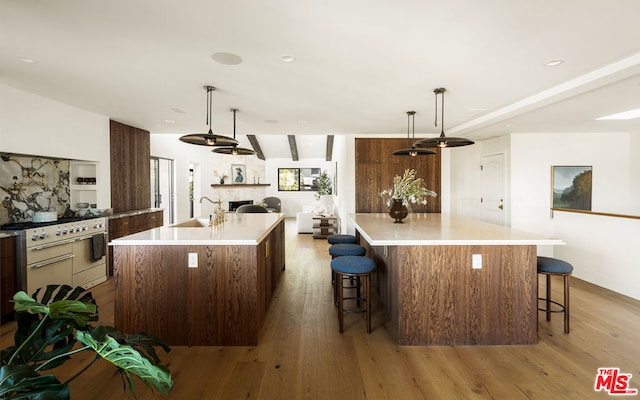 kitchen featuring hanging light fixtures, light wood-type flooring, a large island with sink, and a kitchen breakfast bar