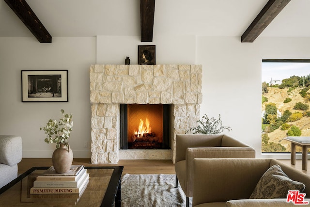 living area with hardwood / wood-style flooring, a healthy amount of sunlight, and a fireplace