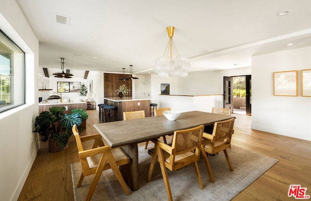 dining room featuring ceiling fan with notable chandelier and light hardwood / wood-style flooring