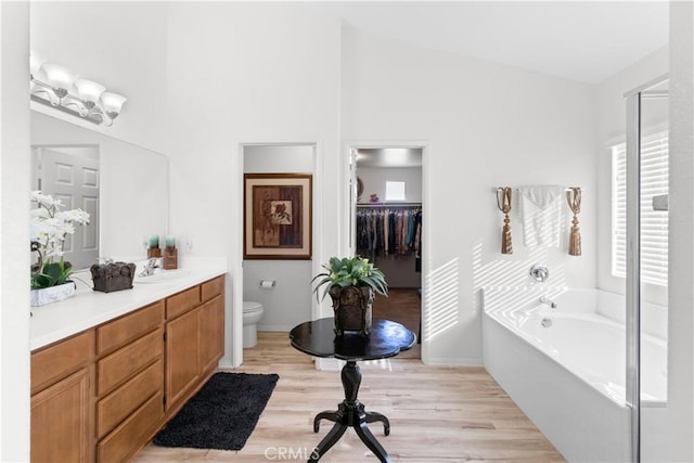 bathroom with toilet, a bathtub, wood-type flooring, and vanity