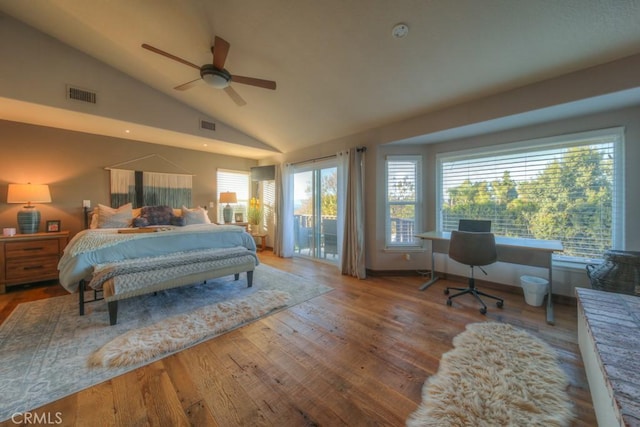 bedroom with ceiling fan, access to outside, high vaulted ceiling, and hardwood / wood-style flooring