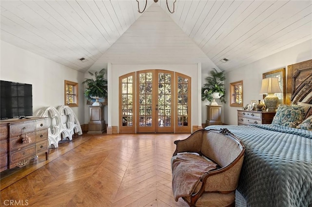 bedroom featuring wood ceiling, light parquet flooring, access to outside, and high vaulted ceiling