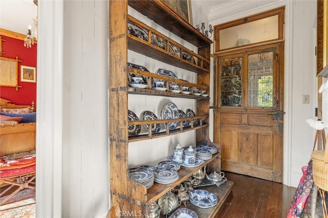 interior space featuring dark hardwood / wood-style flooring and crown molding