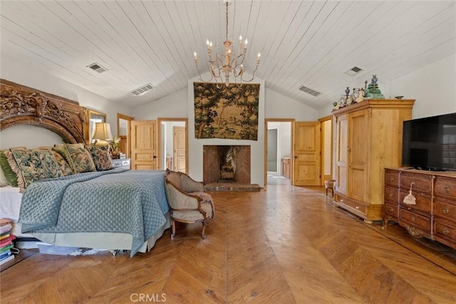 bedroom with wooden ceiling, lofted ceiling, parquet floors, and a chandelier