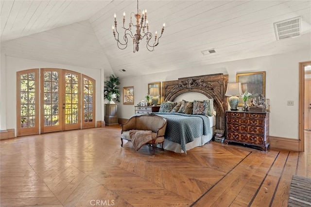 bedroom featuring wood ceiling, light parquet floors, access to exterior, and a notable chandelier