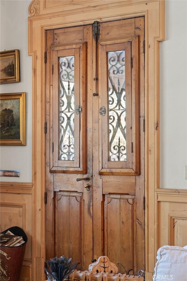 interior details featuring wooden walls