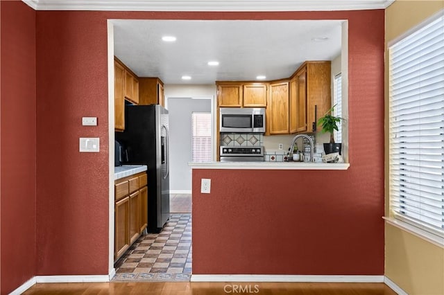 kitchen with decorative backsplash, sink, stainless steel appliances, and hardwood / wood-style floors