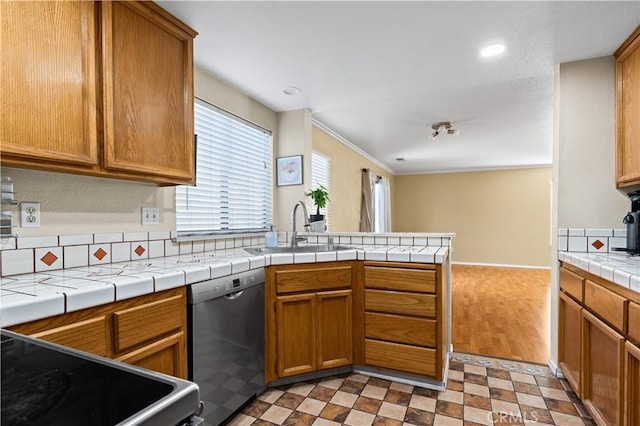 kitchen featuring tile countertops, stove, dishwasher, a wealth of natural light, and sink