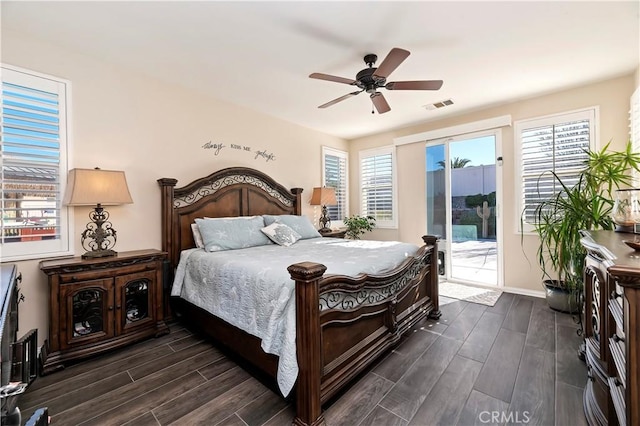 bedroom with ceiling fan and access to outside