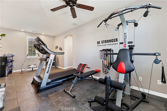 exercise room with ceiling fan