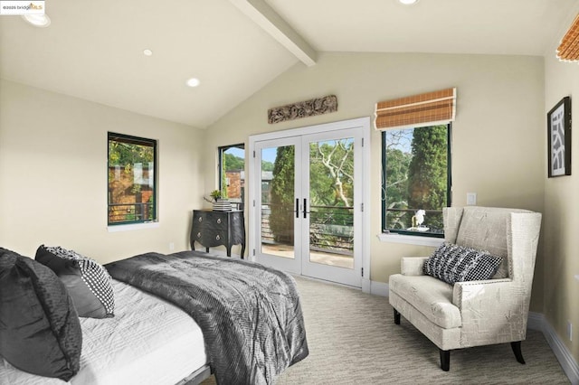 bedroom featuring access to outside, lofted ceiling with beams, and french doors