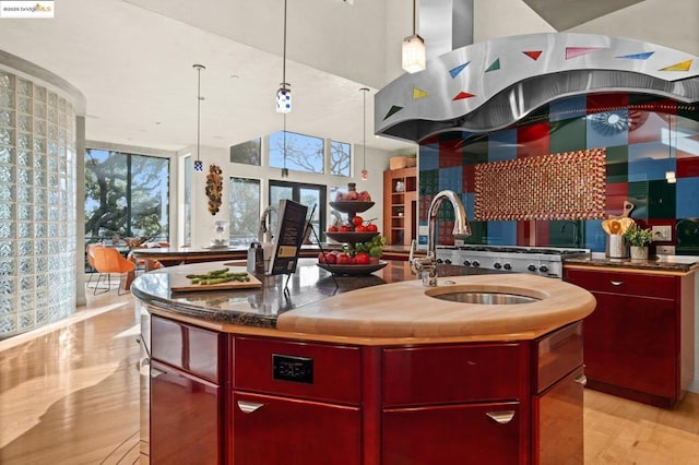 kitchen featuring a wealth of natural light, sink, range hood, and a center island with sink