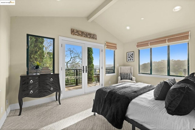 carpeted bedroom featuring vaulted ceiling with beams, access to exterior, and french doors