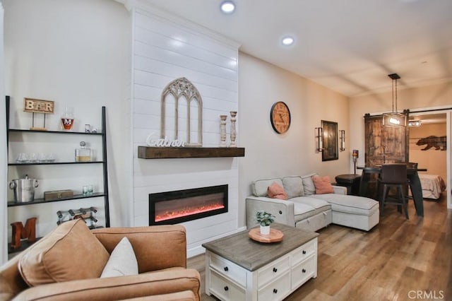 living room with light hardwood / wood-style floors and a large fireplace