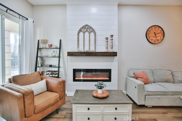 living room with plenty of natural light, a large fireplace, and wood-type flooring