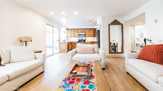 living room featuring sink and light hardwood / wood-style flooring