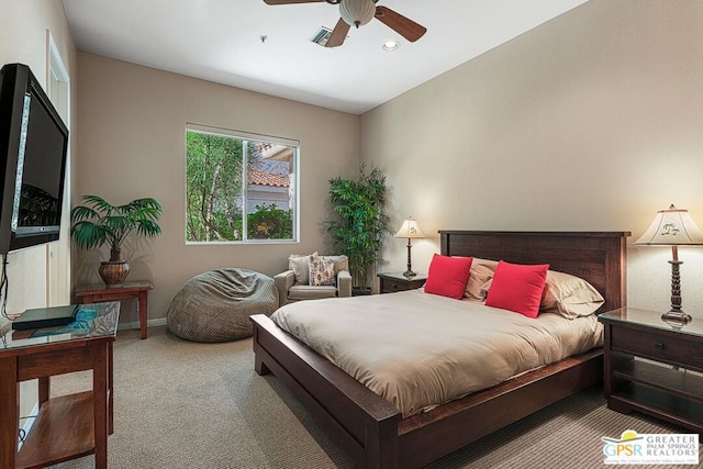 carpeted bedroom featuring ceiling fan