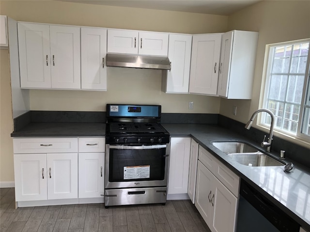 kitchen featuring stainless steel gas stove, sink, white cabinetry, and dishwasher