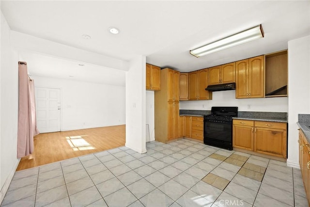 kitchen with light wood-type flooring and black gas stove