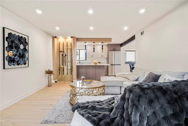 living room featuring light wood-type flooring and sink