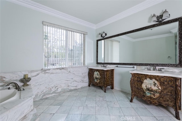 bathroom featuring vanity, crown molding, and a washtub