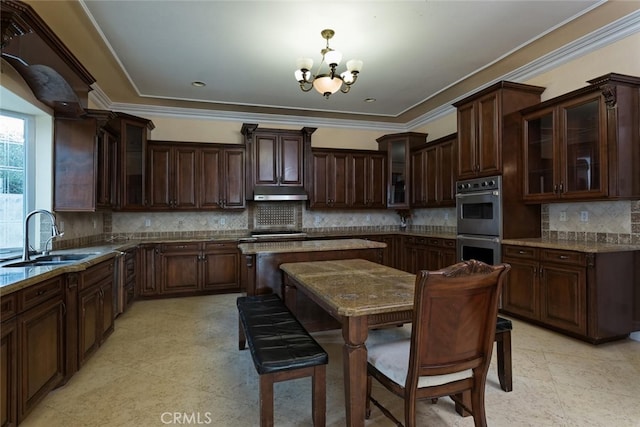 kitchen with sink, dark brown cabinetry, hanging light fixtures, stainless steel appliances, and a chandelier