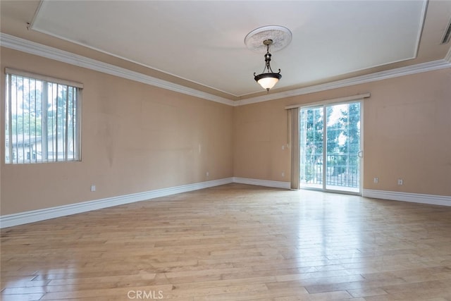 spare room with light wood-type flooring, a tray ceiling, and ornamental molding