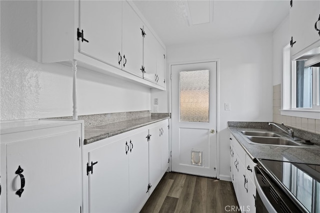 kitchen featuring white cabinets, dark wood-type flooring, and sink