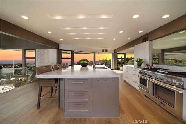 kitchen with double oven range, a breakfast bar area, gray cabinets, and a center island with sink