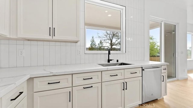 kitchen featuring stainless steel dishwasher, white cabinets, tasteful backsplash, and sink