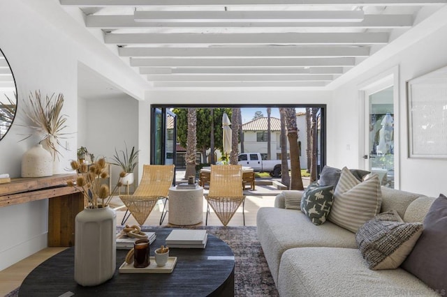 living room featuring wood-type flooring and beamed ceiling