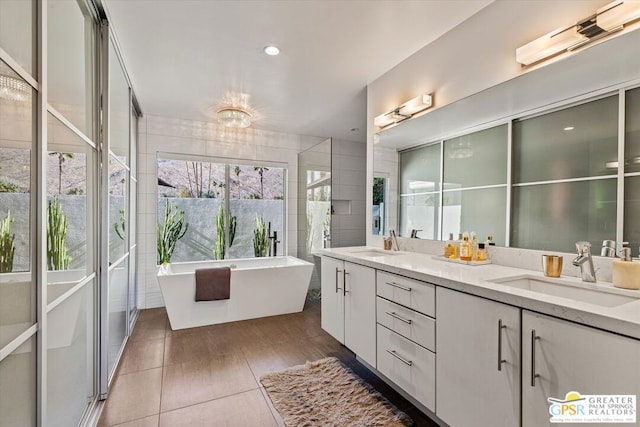 bathroom with vanity, tile walls, plenty of natural light, and tile patterned floors