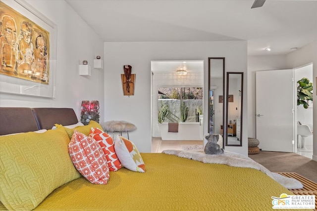 bedroom with ceiling fan and carpet flooring