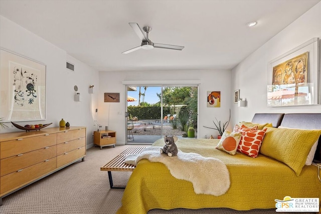 bedroom with ceiling fan, light colored carpet, and access to outside