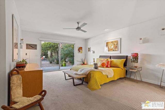 carpeted bedroom featuring access to outside and ceiling fan